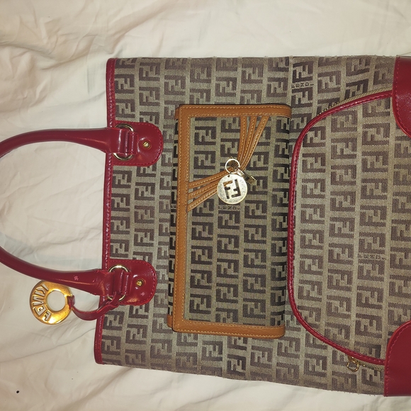 Fendi Bag And Wallet Stylish Red and Brown Designer Tote Bag